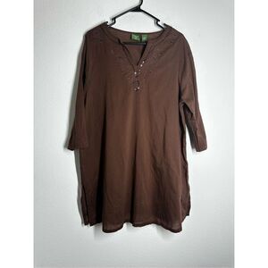 Mountain Lake Bohemian Cotton Tunic Blouse Embroidered Brown Size XL